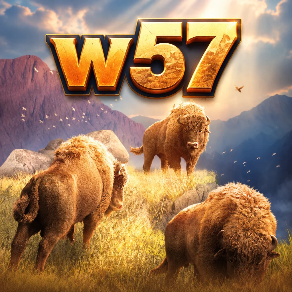 Logo W57 dengan latar tiga ekor bison di padang rumput perbukitan pada game Buffalo Win