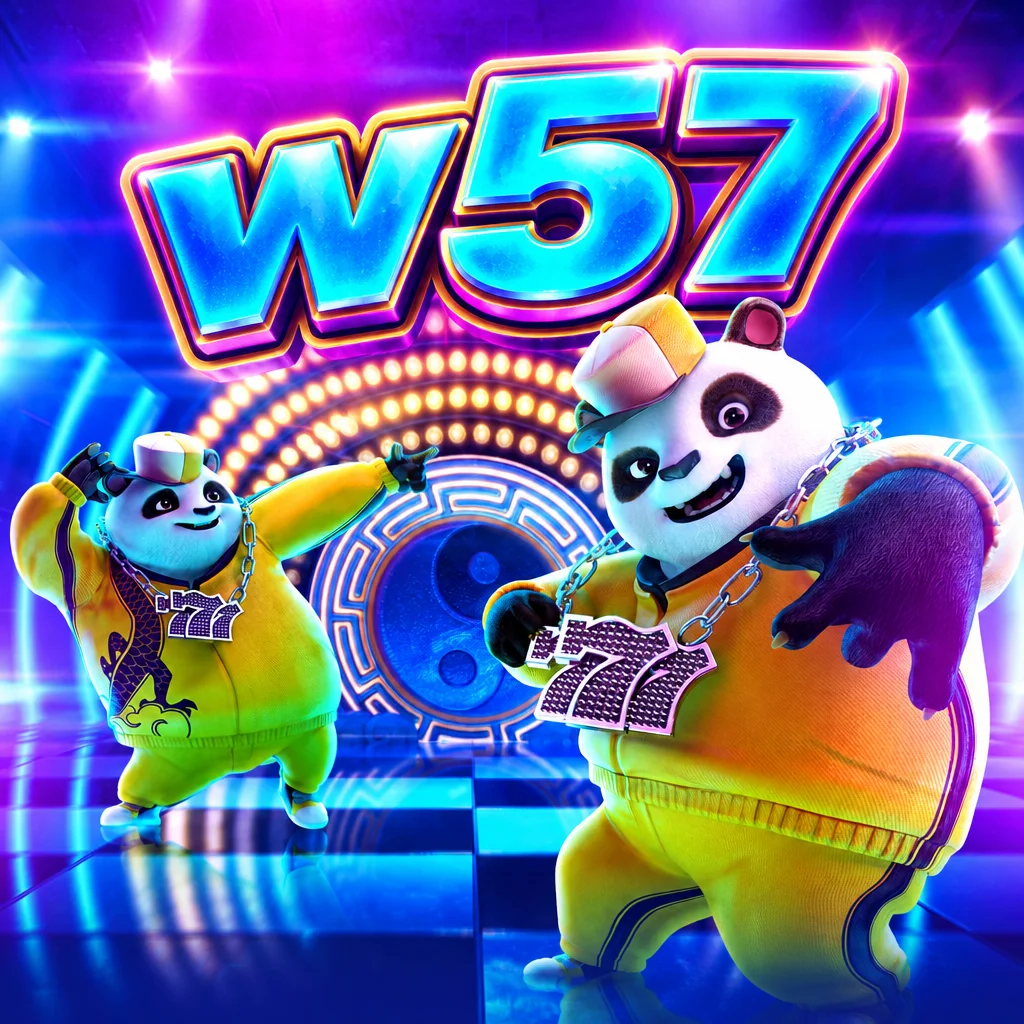 Ilustrasi karakter panda bergaya hip hop dengan latar panggung kota dalam game Hip Hop Panda W57