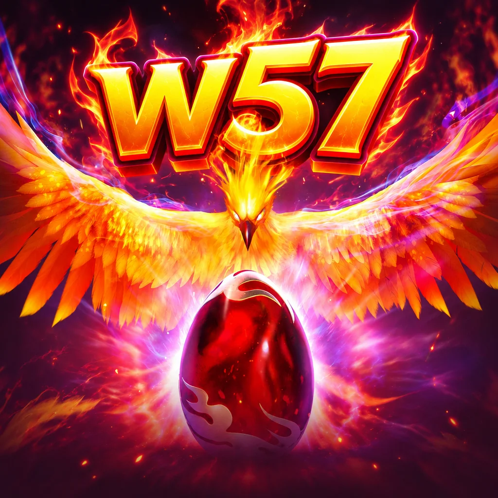 Logo W57 berlatar burung phoenix api bersayap lebar di atas telur merah membara dalam permainan Phoenix Rises